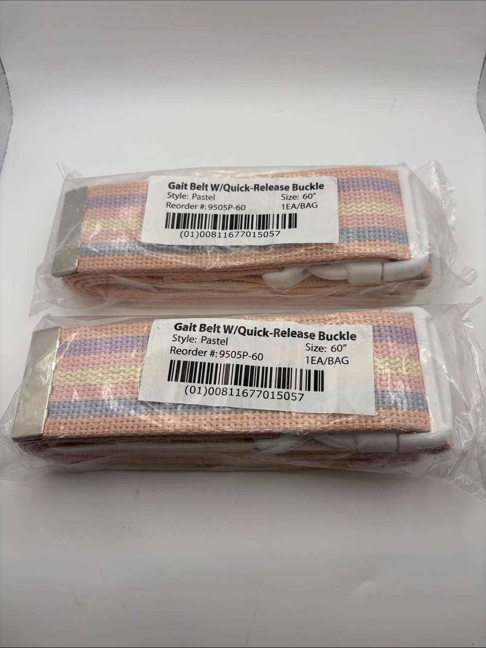 Two Brand new 60” Pastel Gait Belts with Quick-Release Buckle - Pink Stripe